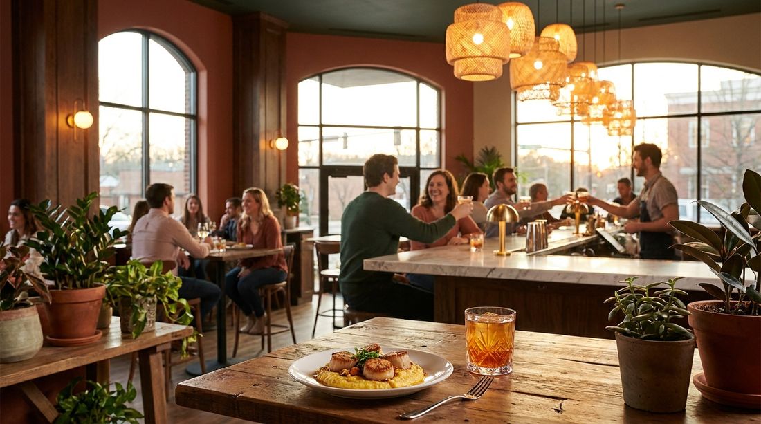 A warm Atlanta restaurant and bar at golden hour
